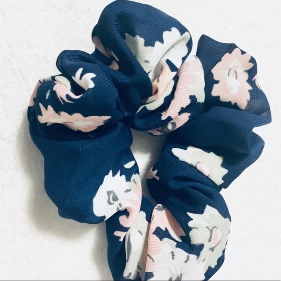 Chiffon Navy Blue Floral Chiffon Scrunchie - Picture 3 of 5